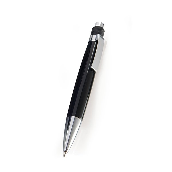 Push button ● ballpoint pen ● metal clip ● shiny tip ● black ink.