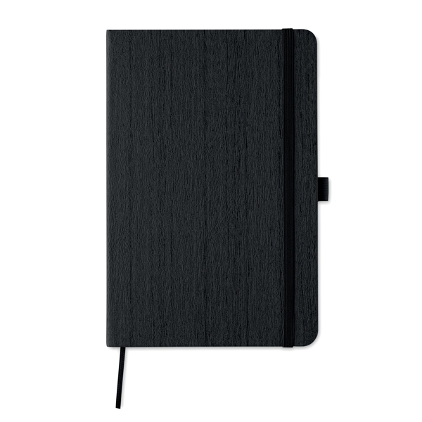 A5 notebook ● with wooden pattern effect on soft PU cover ● ± 80 lined pages ● includes pen loop and has elastic closure band.